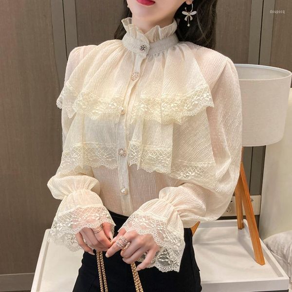 Camicette da donna Camicetta vittoriana bianca Manica lunga Gotico Corsetto con lacci Top Donna Ufficio Rinascimento Vintage Party Goth Ruffles Lolita