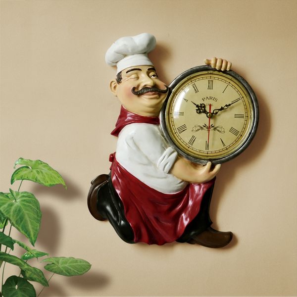 Orologi da parete Orologio da parete vintage decorazione domestica Resina Chef Statue orologio Orologio al quarzo muto per soggiorno Cucina Decorazione da parete Orologio da parete 220909