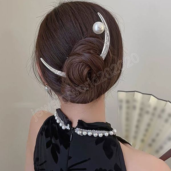 Forchette per capelli vintage a mezzaluna color argento perla per donna accessori per gioielli per capelli con fermaglio per capelli cinese