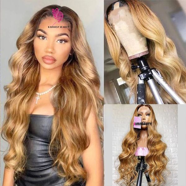 1x4 Ombre Braun Blonde Mittlere U-Teil Perücke Körperwelle Volle Maschinell Hergestellte V-Teil Perücken Brasilianisches Remy Menschenhaar Hellgolden Für Frauen