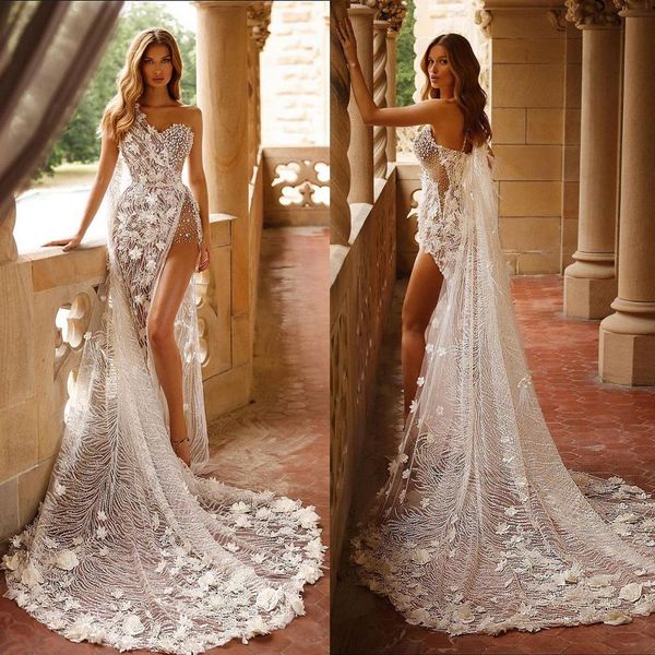 Vestito sexy illusione illusione a una spalla alta spaccata abiti da sposa a spiaggia con applique