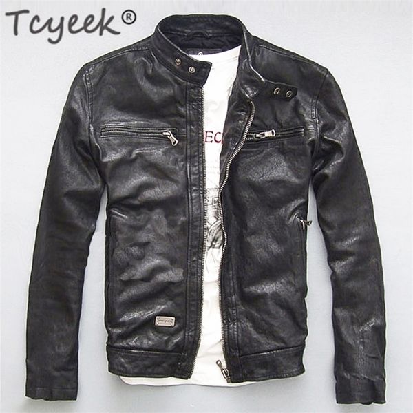 Jaquetas masculinas tcyeek mens jaqueta de couro genuíno homens de ovelha de ovelha real preto marrom masculino moto jaquetas de motocicleta primavera de outono para homens roupas l1 220909