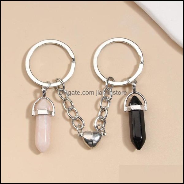 Chaveiros de cristal natural rosa quartzo de pedra key anel de botão de botão magnético coração para casal para presentes de amizade diy jewelr jewelr dhyhw