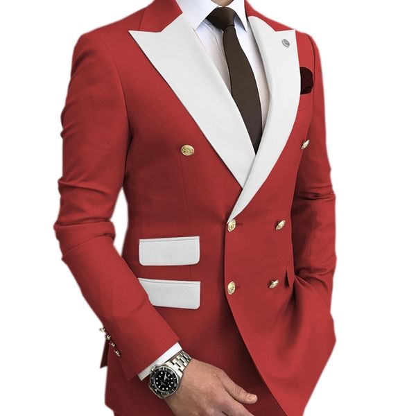 Abiti da uomo Blazer Rossi Abiti da uomo 2 pezzi Smoking da sposa Abiti da festa Abiti da sposo doppio petto Slim Fit Blazer da uomo con risvolto con visiera bianco 220909