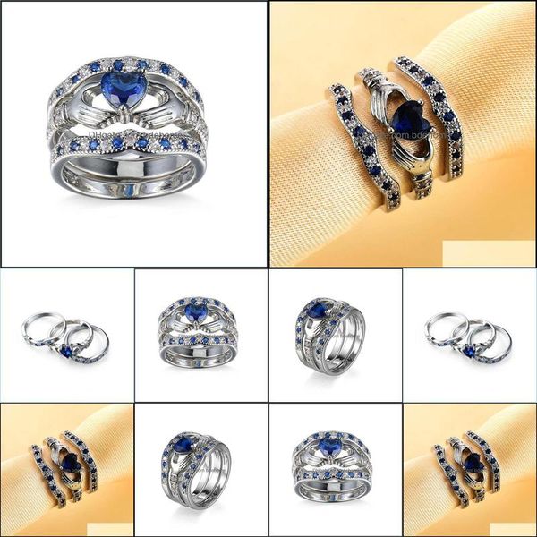 Anelli per coppie Gioielli di moda Donne di marca Fedi nuziali per gli amanti Zircone blu scuro a forma di cuore Placcato argento 3 pezzi Set Consegna a goccia 20 Dhwpf