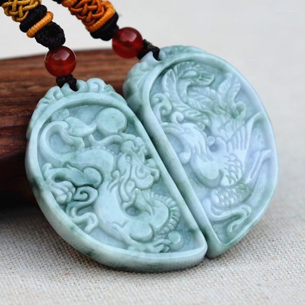 Collane con ciondolo Goccia Naturale A Giadeite Giade 3D Intagliato Drago cinese Fenice Pendenti per amanti Amuleto Gioielli in pietra Corda