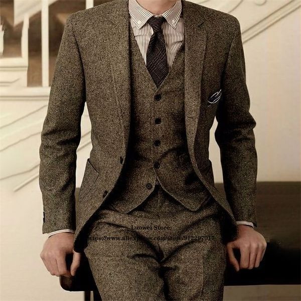 Мужские костюмы Blazers Vintage Winter Wool Tweed Men Suits For Groom Wedding Party Tuxedo 3 Piece Jacket Pats Set Business Blazer Costume Homme 220909