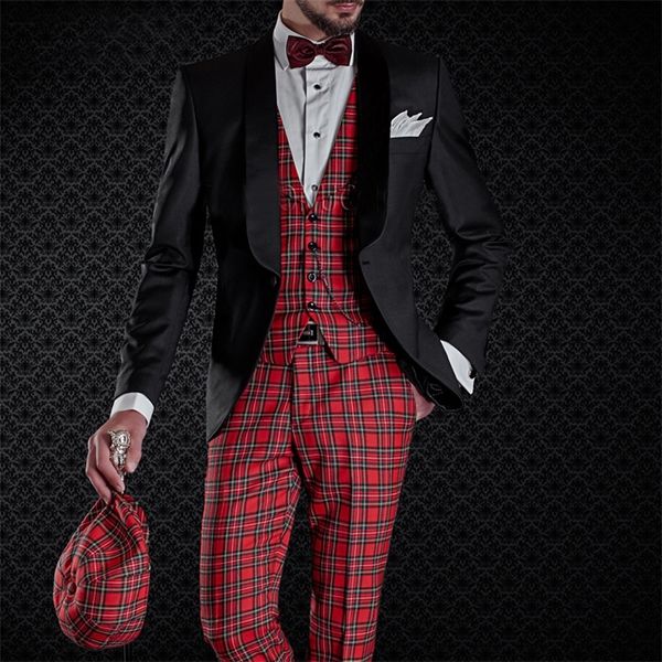 Ternos masculinos Blazers Scottish Plaid Wedding Smokings 3 peças Slim Fit Black Men Suits Com Shawl Lapela Casa Momento Momento Momento Groomsmen Coat 220909