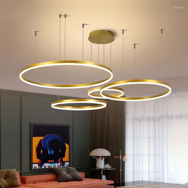 Lâmpadas pendentes modernas 5 luzes LEDs de anel luminoso marrom preto preto para quarto sala de jantar lustre de lustre de decoração de decoração para decoração