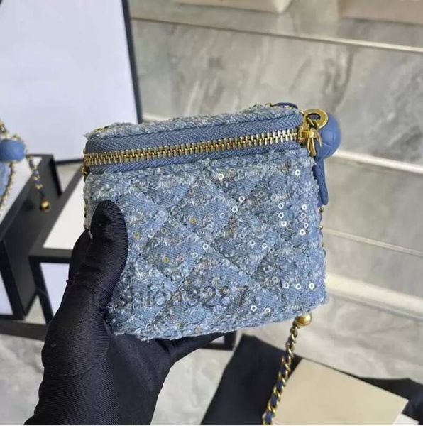 bolsas de grife femininas 10 cm/19 cm bolsas cosméticas com brilho jeans bolsa azul vaqueiro brilho lantejoulas zíper mini corrente de metal dourado bolsa de ferramentas