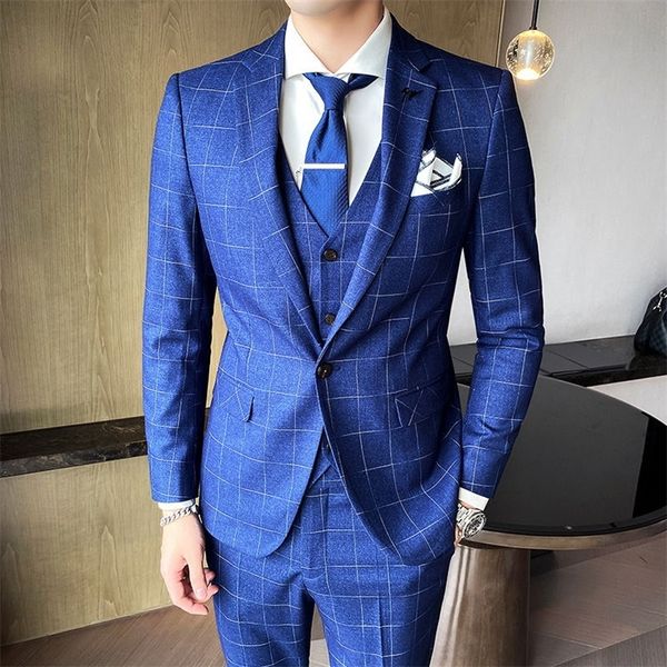 Мужские костюмы Blazers Boutique Suit Trousers Men's Fashion Business Gentleman Комфортное плед стройное повседневное платье с тремя частями 220909