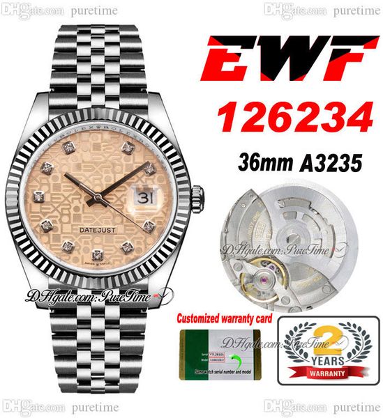 EWF Just 126234 A3235 Orologio automatico unisex da uomo e da donna 36 mm con lunetta scanalata logo rosa quadrante con diamanti Jubilee Bracciale in acciaio Super Edition Stessa serie Card Puretime f6