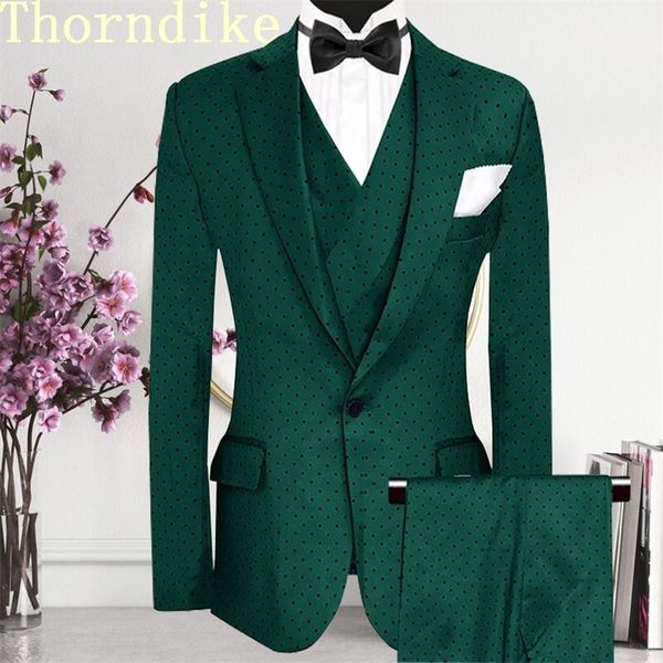 Abiti da uomo Blazer Custom Made Abiti a pois verde scuro per uomo 3 pezziGiaccaPantaloniGilet Casual Matrimonio Sposo Blazer Smoking personalizzato Uomo per matrimonio 220909