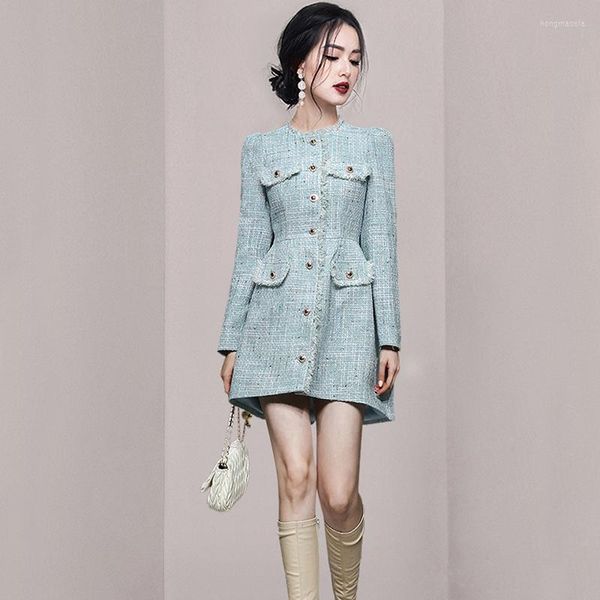 Vestidos casuais Autumn Winter Tweed Dress Women Women O-Gobes Longa Longa Vintage Mini Plus Tamanho Blue Lã Office Lady Luxury D201