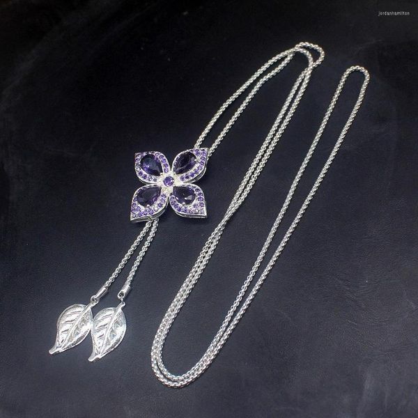 Подвесные ожерелья Hermosa Fashion Gemstone Natural Purple Purple Amethyst Beautiful Flower Sweater Chain 925 Серебряные украшения для женщин девочек