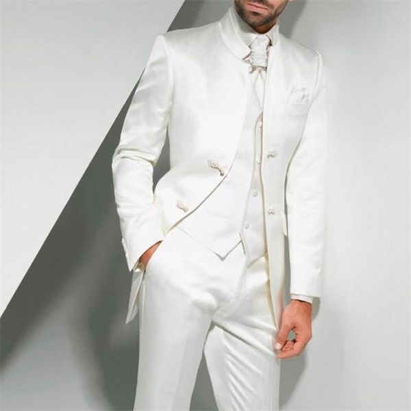 Мужские костюмы Blazers Vintage White Long Tounic Men Suits для жениха Свадебное смокинг с воротником 3 штука.