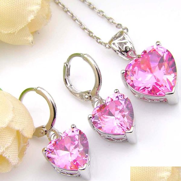 Orecchini Collana 6 Set/lotto Gioielli da sposa Pendenti Orecchini Set Cuore Rosa Kunzite Gemme 925 Sier Collane Cz Zircone Gioielli per Dha3R