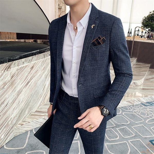 Erkekler Suits Blazers Jacketpants Erkekler Takım iki parça ekose takım elbise erkekler ince fit damat gelinlik takım elbise Kore iş blazers s -3xl 220909