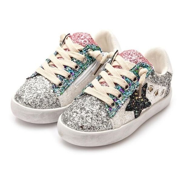 Tênis tênis sapatos de garotas casuais sapatos de tábua de moda lantejoulas childrens glitter star princesa crianças tênis 220909