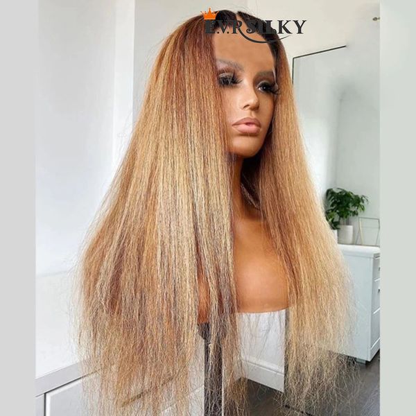 Ombre Miele Biondo Crespo Dritto Parte V Parrucche Non Trasformate 100% Capelli Umani Glueless Yaki Diritta Parrucca a Forma di U Estremità Completa Nessuna Merletto