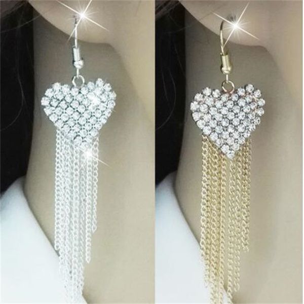 Orecchini pendenti a forma di cuore in cristallo bianco con ciondolo per donne Orecchini con strass lunghi con nappa bling Gioielli Amore Matrimonio Regalo nuziale