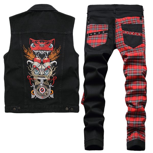Estilo punk conjuntos masculinos verão streetwear preto bordado coruja denim colete combinando painel colorblock jeans masculino conjunto de duas peças