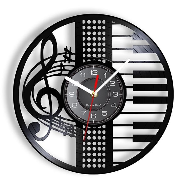Настенные часы Трибл Clef Piano Vinyl CD DISC WALL CLOCK Musical Instrument Whate Watch со светодиодной винтажной ретро -музыкой вдохновляют подарок для фортепианного 220909