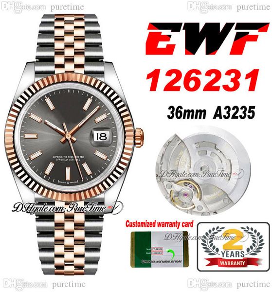 EWF apenas 126231 A3235 Automático Unissex Watch Mens Ladies 36 Two Tone Tone Rose Black Stick Dial Dial