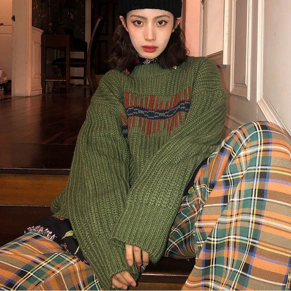 Maglioni da donna maglione a righe girocollo stile coreano donna retro verde scuro lavorato a maglia invernale casual streetwear Harajuku top 220908