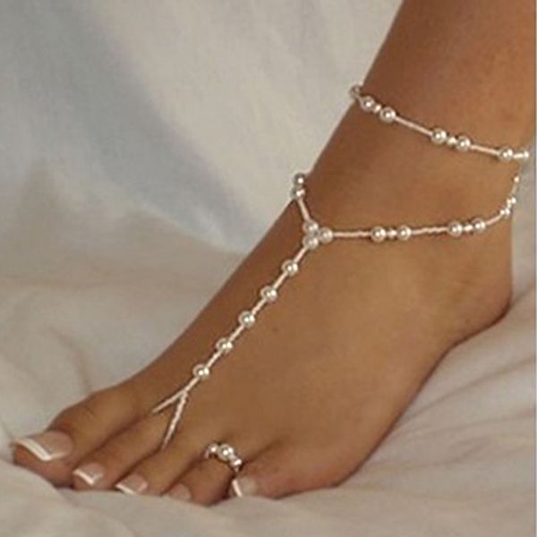 Kadınlar Çıplak Ayak Sandalet Boncuklar Beadlet Romantik Taklit Beyaz İnci Anklet Ayak Mücevher Sokak Gidiyor Moda Aksesuar