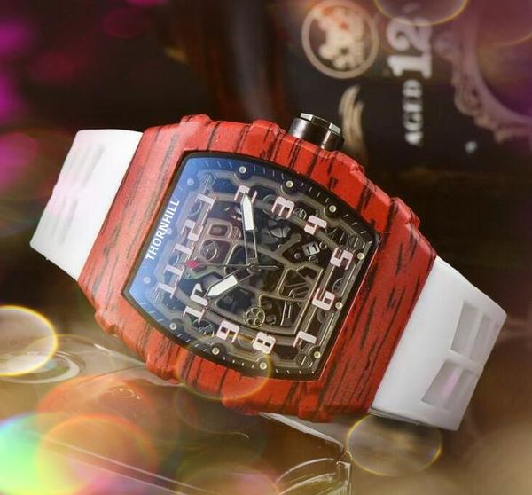 Premium-Herrenuhren mit digitalem Ziffernblatt, 43 mm, Holzmaserung, Fasergehäuse, japanisches Quarzwerk, Iced Out-Gummigürtel, Sports Dweller-Armbanduhren, Montre de Luxe