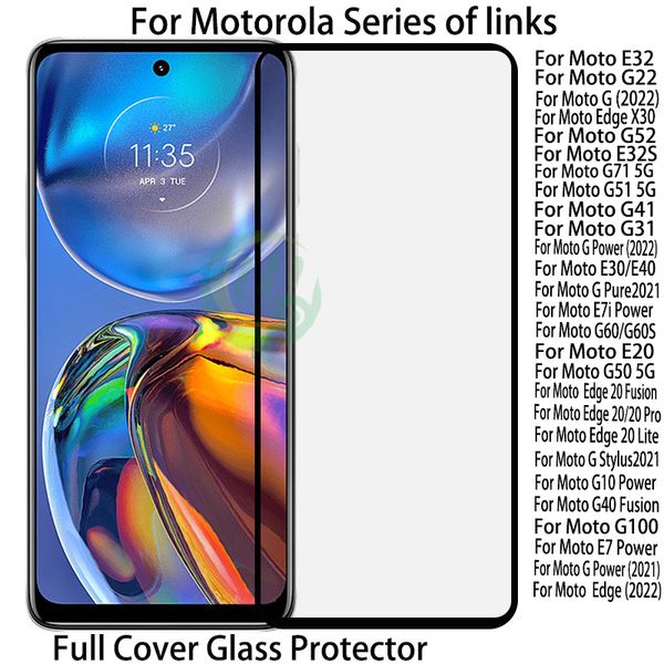 Displayschutzfolie, vollständige Abdeckung, gehärtetes Glas, seidenbedruckt, für Motorola Moto G5S G 6 7 8 9 22 82 Stylus E32S Edge X30 Lite 20 Fusion E7I Power 20 Pro E 10 30 50 31 40 Play 4Gand5G