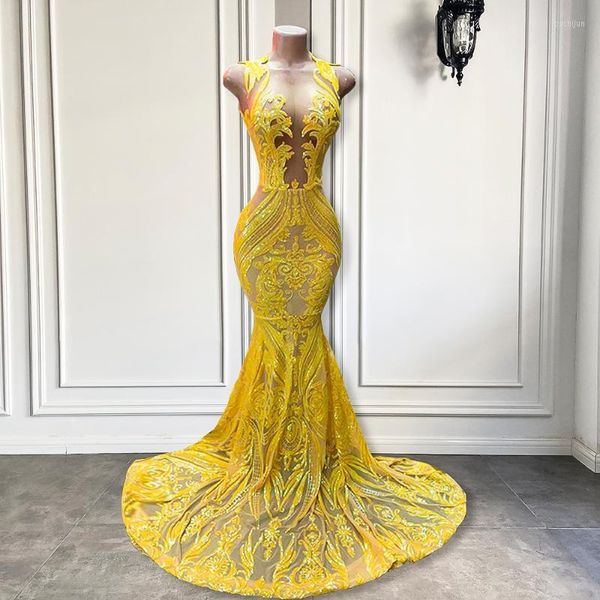 Abiti da festa Real Long Elegant Prom 2022 Aderente Sheer O-Collo Sirena Paillettes scintillanti Giallo Africano Nero Ragazze Abiti di galaFesta