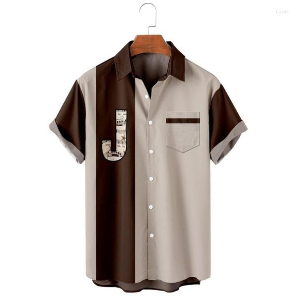 Мужские повседневные рубашки мужская мода на гавайский песчаный пляжный ретро -рубашка буква j музыкальный узор винтажный принцип мужской летний карман