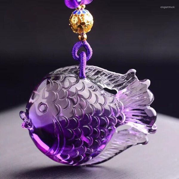 Collane con ciondolo Pendenti in cristallo naturale viola all'ingrosso Collana con catena maglione di pesce benedizione intagliata a mano fine per gioielli da donna