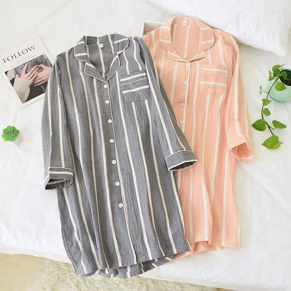 Menas de dormir femininas de manga longa feminina de manga longa algodão feminino de roupas de noite listradas Plus Size Size Sleep Sleep Dress