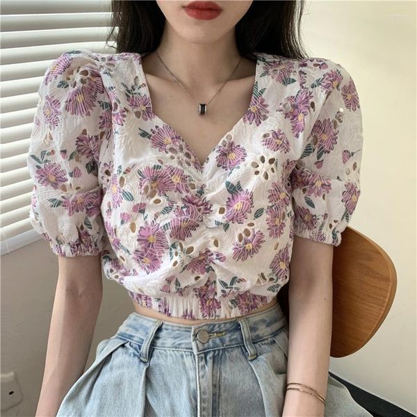 Camisetas femininas tamas de estampas florais de decote em vibração da moda marca de moda de verão camisa de manga curta para feminino