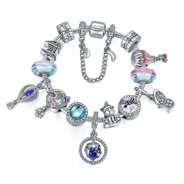 925 Sterling Silber Murano Lampwork Charm Bead für europäische Pandora-Armbänder Frauen DIY Blauer Heißluftballon Erde Einhorn Charm Perlen Schlangenkette Modeschmuck