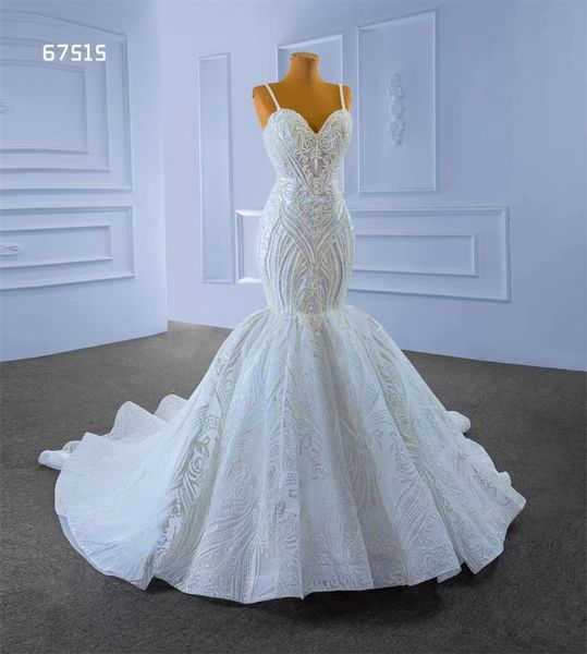 Meerjungfrau-Hochzeitskleid, weißes Brautkleid mit Spaghettiträgern, Kleid SM67515