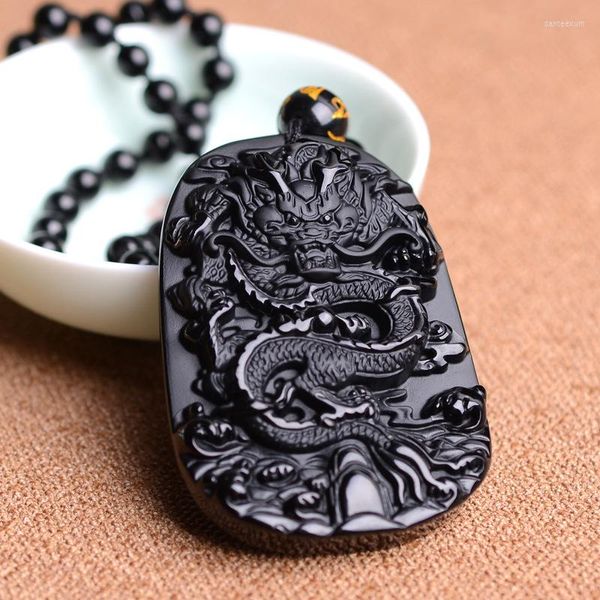 Collane con ciondolo JoursNeige Ossidiana naturale con collana di perline Nero A Zodiac Dragon Fine Carving Mascot Amulet Lucky For Men