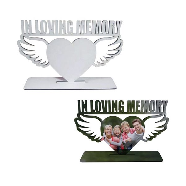 Sublimação em branco Memorial Photo Frame com In Loving Memory Angle Wings Embelezamento Remembrança Picture Simpatia Condolência Orientação do Retrato