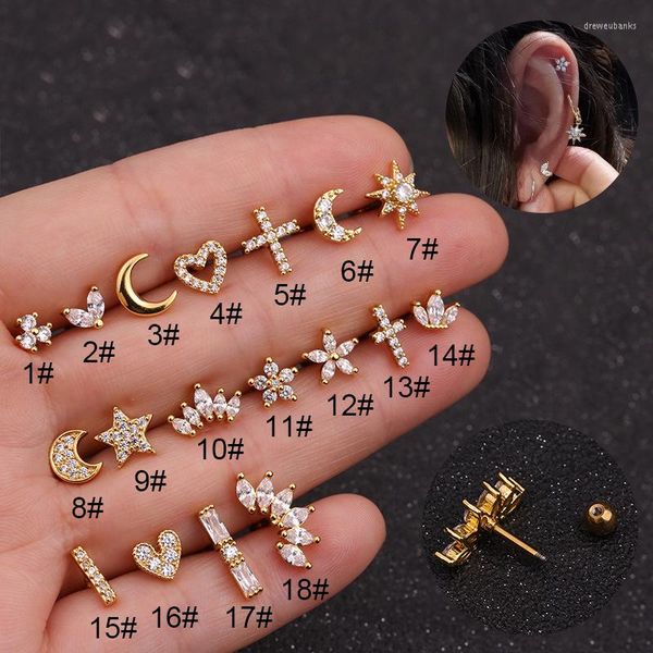 Ohrstecker 1 Stück Gold Farbe Silber CZ Knorpel Ohrring für Frauen Mädchen Mond Stern Muschel Tragus Ohr Piercing SchmuckStud