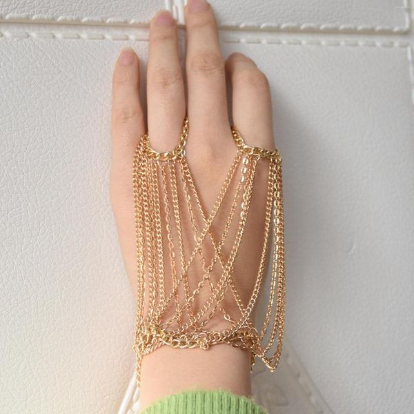 Braccialetti di collegamento Moda multistrato nappa braccialetto schiavo oro argento colore lega braccialetto catena dito per le donne gioielli a mano imbracatura