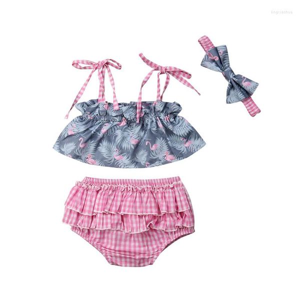 Giyim setleri 0-24m bebek kızlar yaz 3pcs kıyafetler seti flamingo kayış kolsuz tüp üst fırfır şort baskılı kafa bandı bebek kıyafetleri