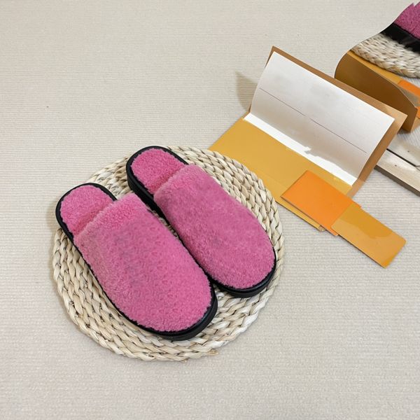 Damen-Designer-Slipper mit breitem Rand, rundem Kopf, rosa, Herbst-Winter-Lammwolle, samt, rutschfest, schwarz, Flip-Flops, Lederschieber, breite flache Schuhe, Damen-Sandale mit Box, Größe 35–41