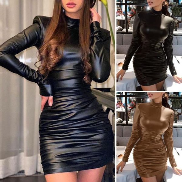 Röcke Damen Sexy Nachtclub Kleid Kunstleder Lange Hülse O-ansatz Knie Tasche Hüfte Engen Bleistift Kleider Feminino Vestido