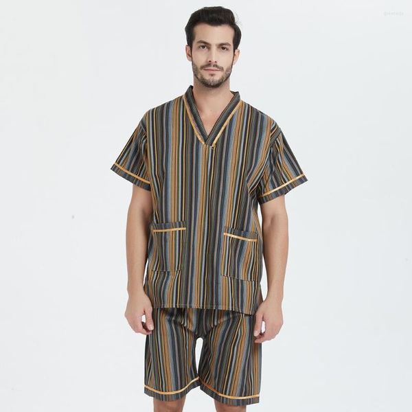 Erkekler Papa Gazları Pamuk Bahar Yaz Sonbahar Erkekler Çizgili Pijama Setleri Ev T-Shirt Şort Erkek Pijama Boş Zaman Ev Giysileri