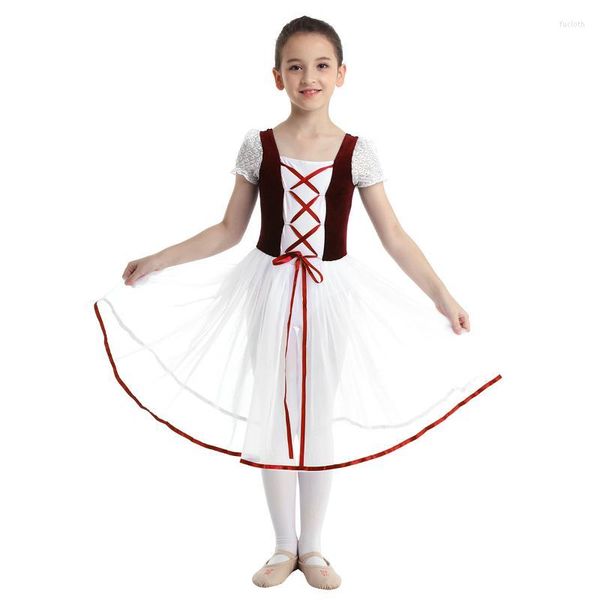 Bühnenkleidung Gymnastik Trikot Ballerina Tutu Kleid für Kleinkind Teenager Kinder Mädchen Mesh Spitzen kurze Blasenärmel Ballett Dancewear