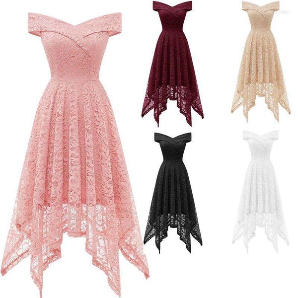 Partykleider aus der Schulter, Spitze, Vestidos de Fiesta, A-Linie, errötendes Rosa, Heimkehr, knielang, kurzes formelles Kleid