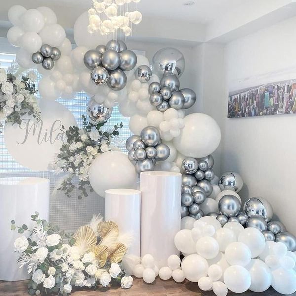 Party -Dekoration 101pcs Silber 4d weiße Luftballons Garland Konfetti Ballon Bogen Geburtstag Babyparty Hochzeitstag Dekorationen